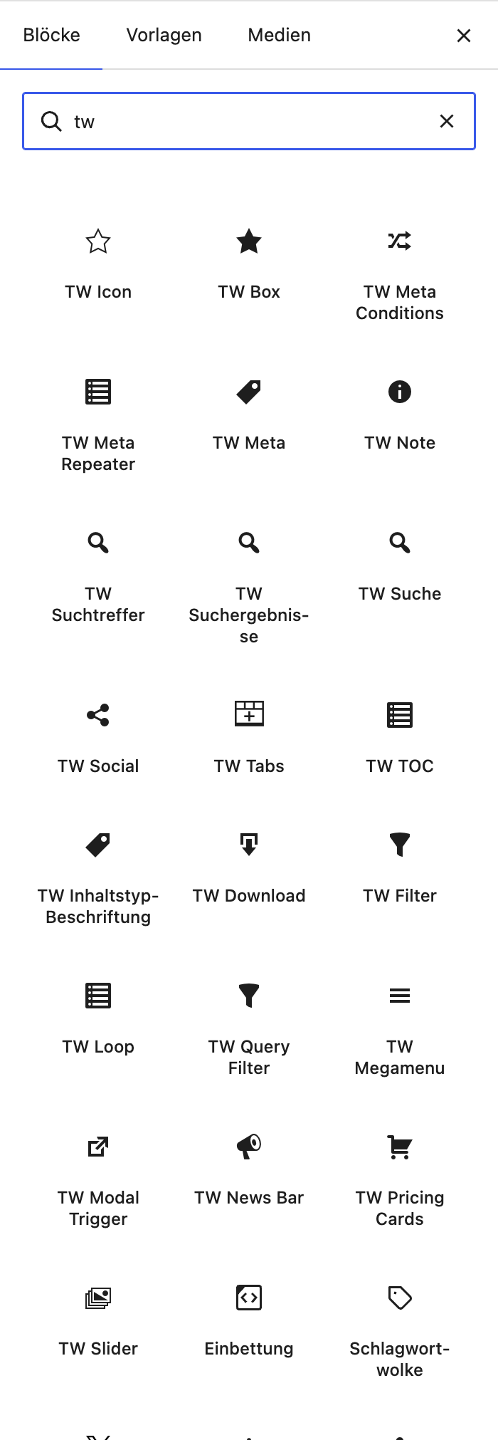 Der Block-Inserter mit dem Suchbegriff tw