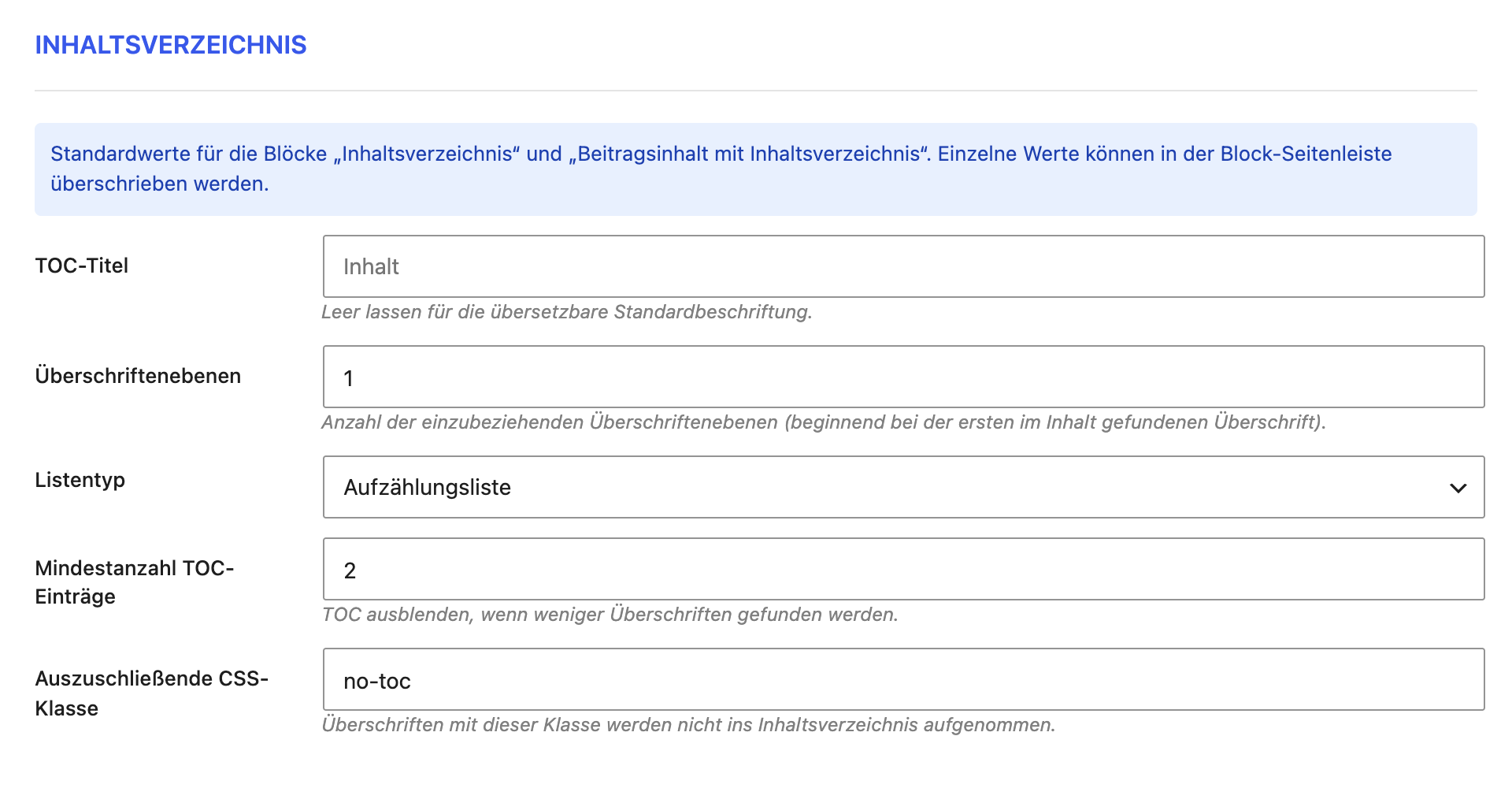Der Abschnitt Inhaltsverzeichnis im Reiter Hilfsmittel
