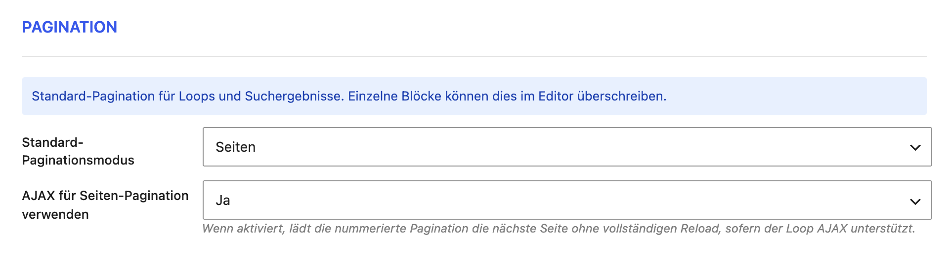 Der Abschnitt Pagination im Reiter Hilfsmittel