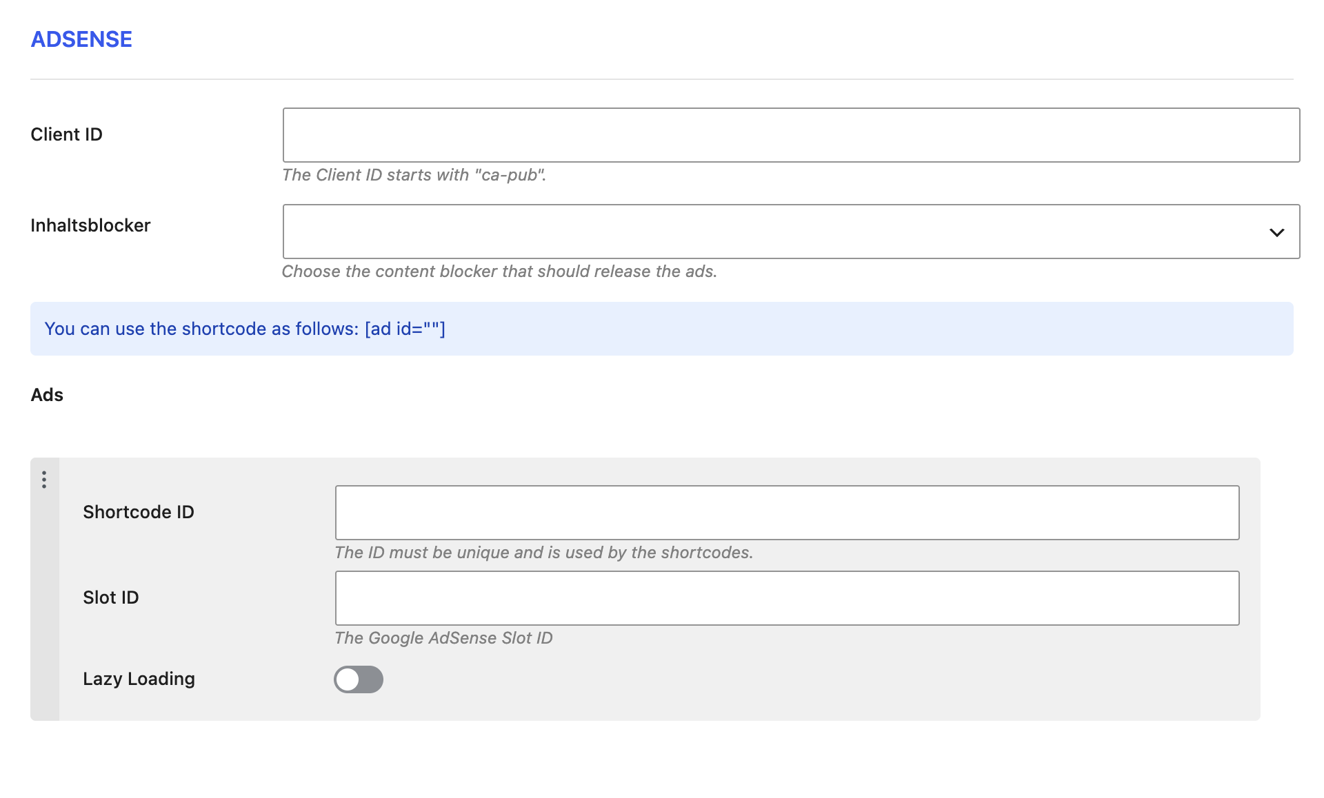 Der Reiter AdSense mit Client ID, Inhaltsblocker und einer Anzeige