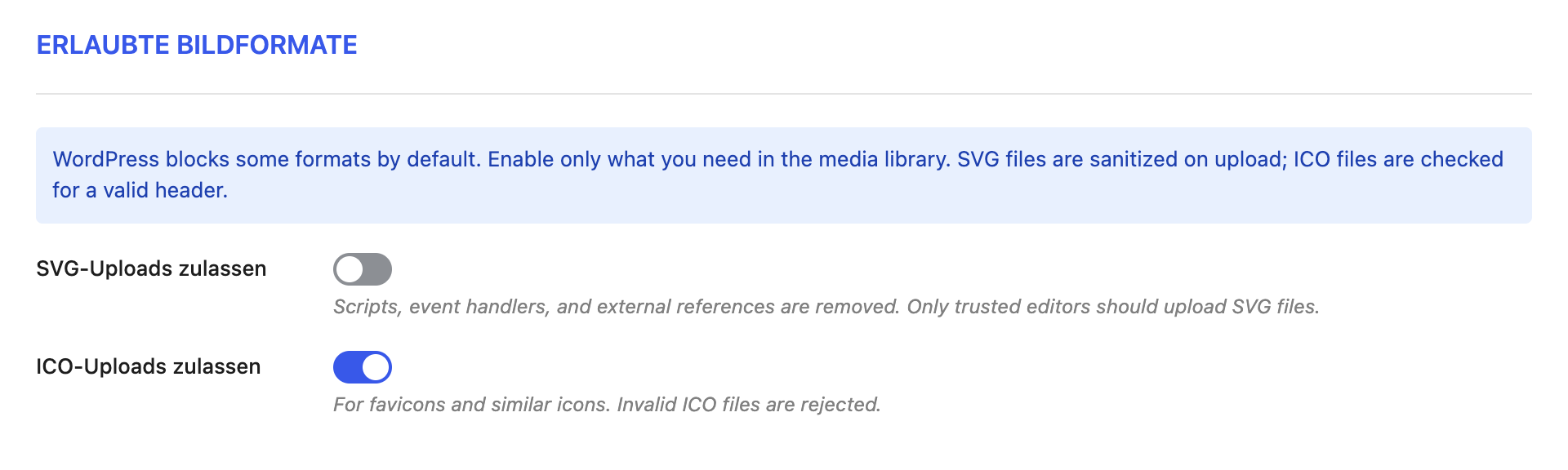 Der Abschnitt Allow image formats