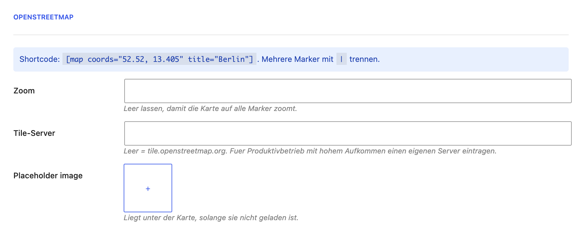 Der Abschnitt OpenStreetMap im Reiter Integration